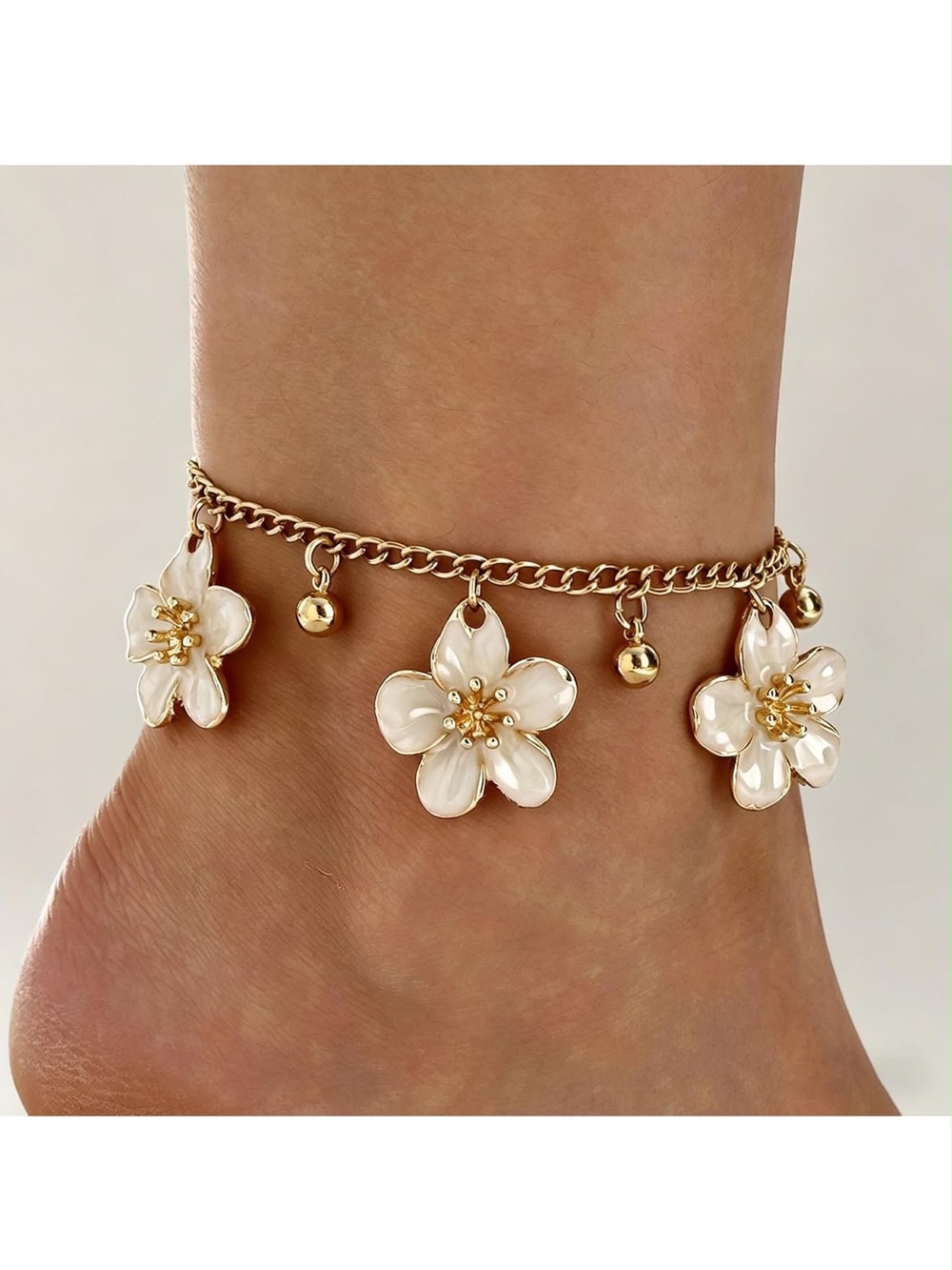 Anthropologie Gold Color Chain Anklet with White Flower Charms